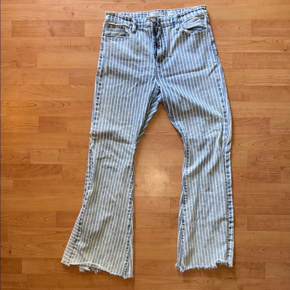 Blue and White Striped Flare Jeans with Distressed Details